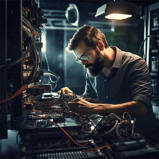 Homem fazendo serviço em servidor de uma empresa